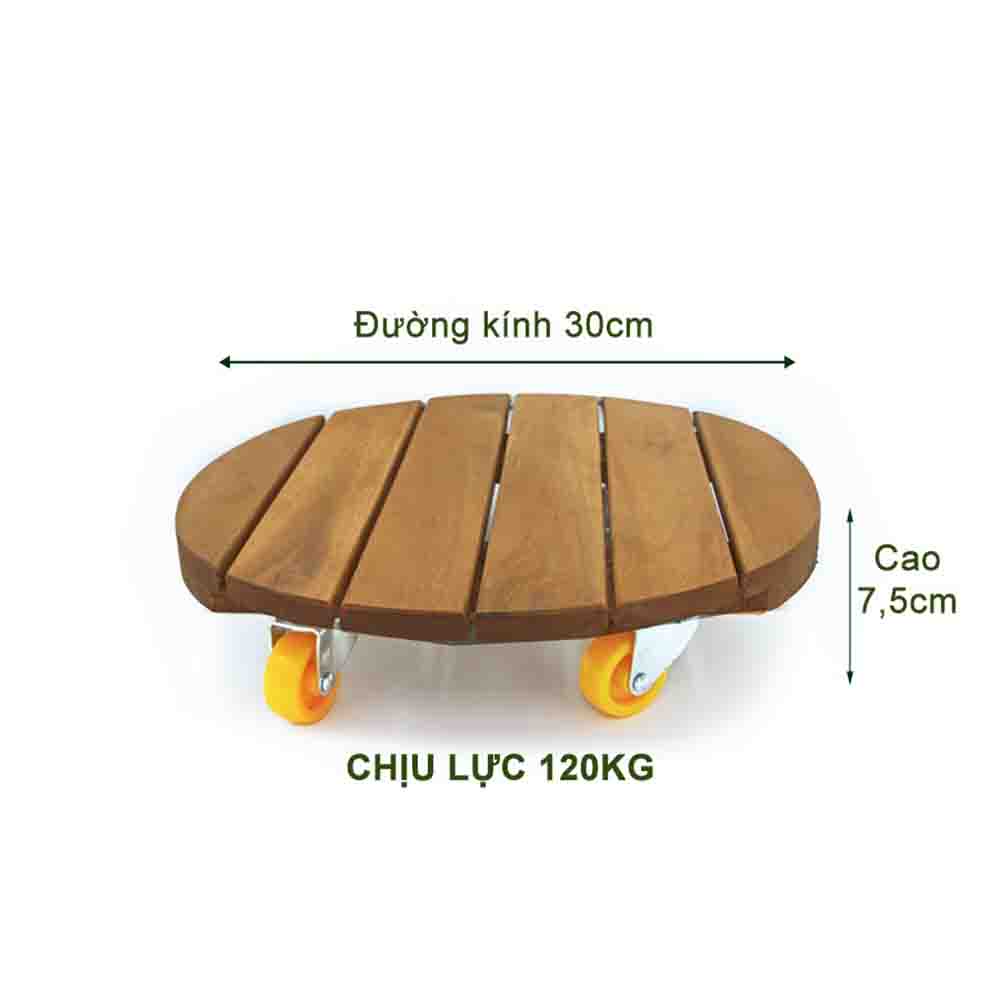 Bộ 3 Đế lót chậu bằng gỗ Grennhome có bánh xe Tròn R30cm chịu lực 120kg (màu vàng)