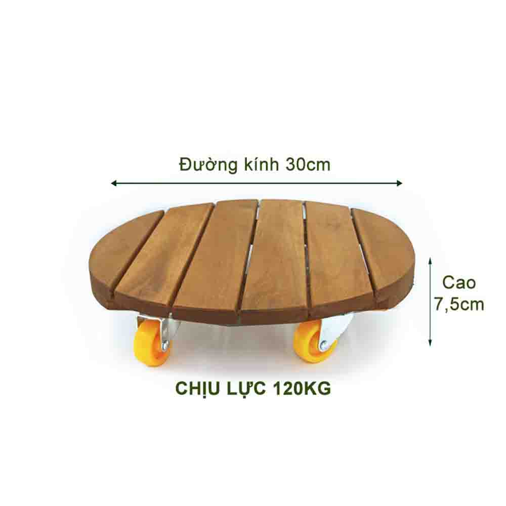 Bộ 4 Đế lót chậu bằng gỗ Grennhome có bánh xe Tròn R30cm chịu lực 120kg -Giúp di chuyển chậu cây một cách dễ dàng.