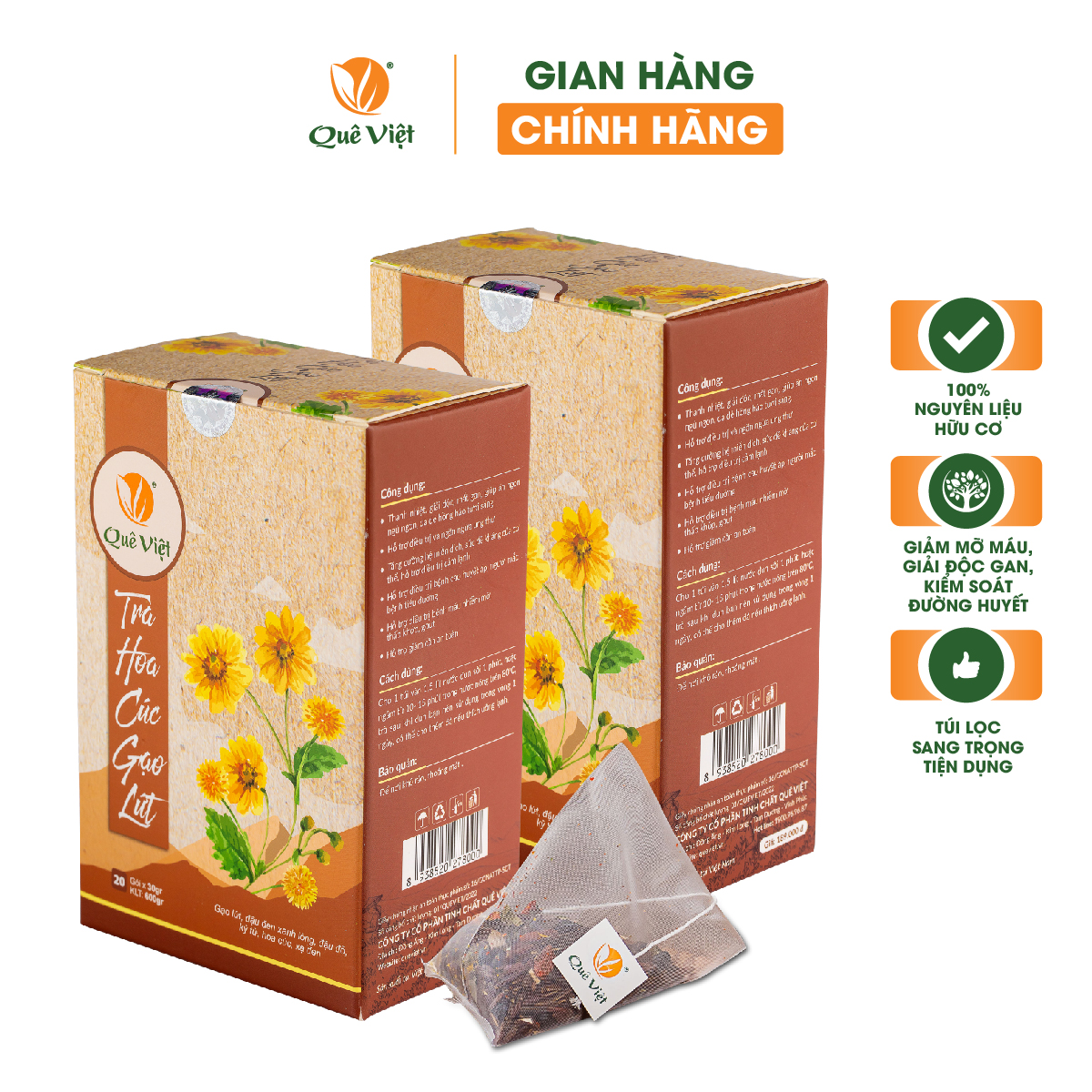 Trà hoa cúc gạo lứt Quê Việt thanh nhiệt, ngủ ngon, điều hoà huyết áp (2 hộp x 600gr/hộp)