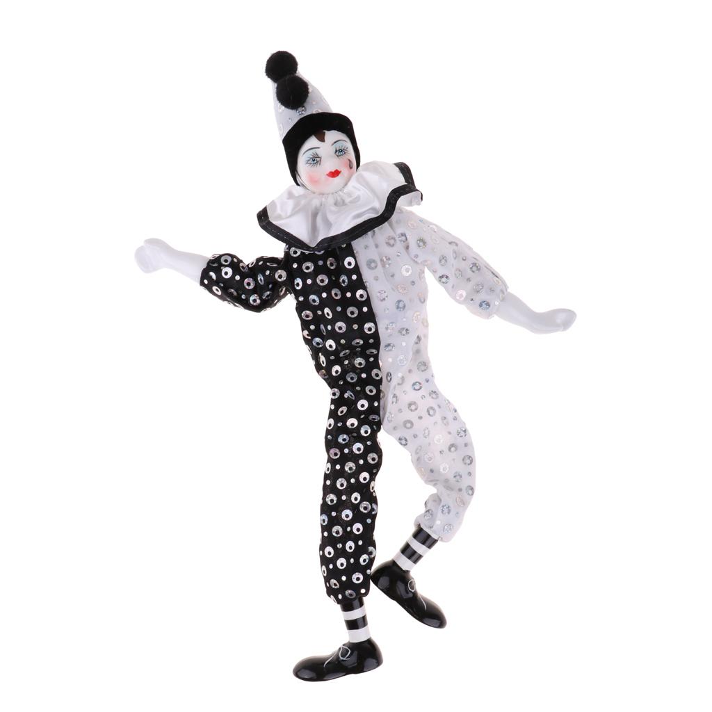 38cm Vintage Porcelain Clown Doll, Hand Painted Harlequin Doll Home Office Display Decoration