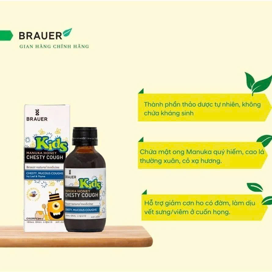 Siro Brauer hỗ trợ giảm ho có đờm dạng lỏng cho trẻ từ 2 tuổi 100ml Maunuka Honey Chesty Cough