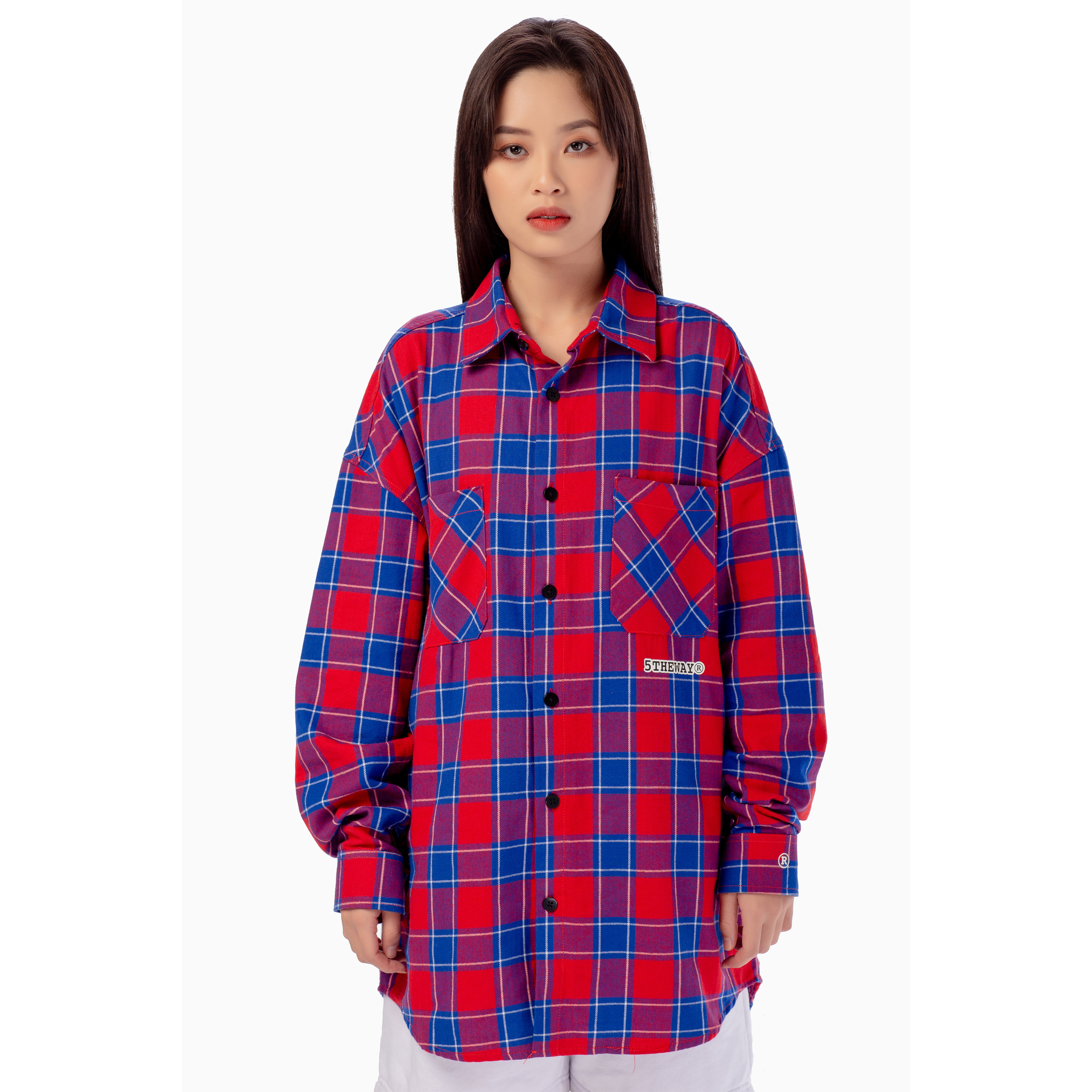 Áo Sơ Mi Flannel 5THEWAY Tay Dài Sọc Caro Đỏ aka /stroke/ BIG LOGO FLANNEL SHIRT in RE/WH