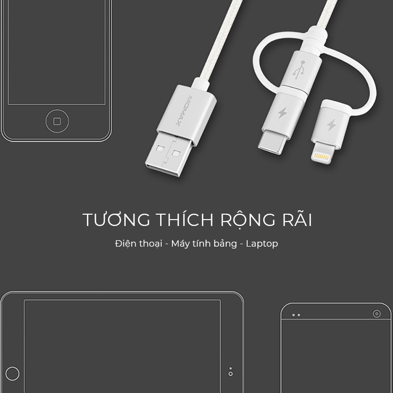 Cáp sạc và Truyền dữ liệu Đa năng 3 trong 1 Momax ONE Link DX1 cổng Type C + Lightning + Micro USB - Hàng chính hãng