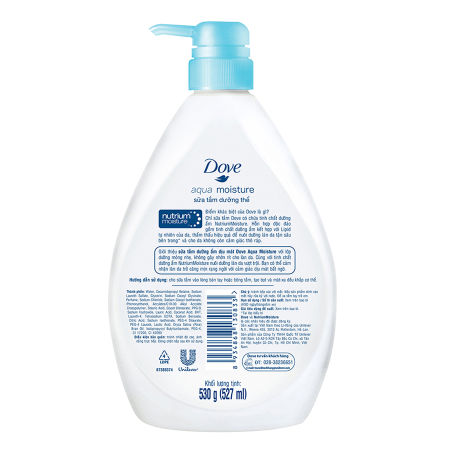 Sữa tắm dưỡng thể Dove Dưỡng ẩm dịu mát Aqua Moisture với 1/4 kem dưỡng da mặt 530g