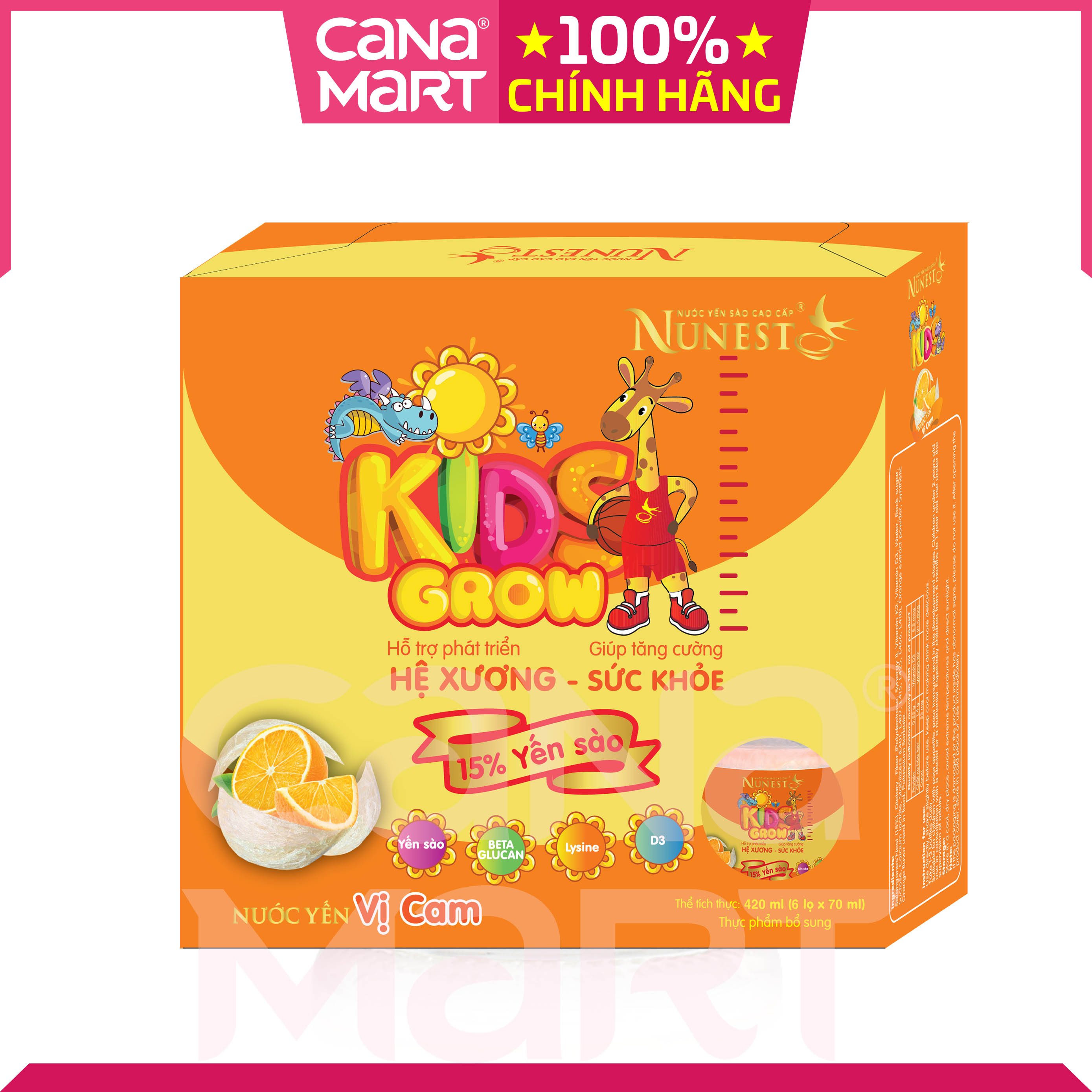 [Lốc 6 lọ x 70ml] Nước Yến sào cao cấp Nunest Kids Grow cho bé từ 2 tuổi (vị cam)