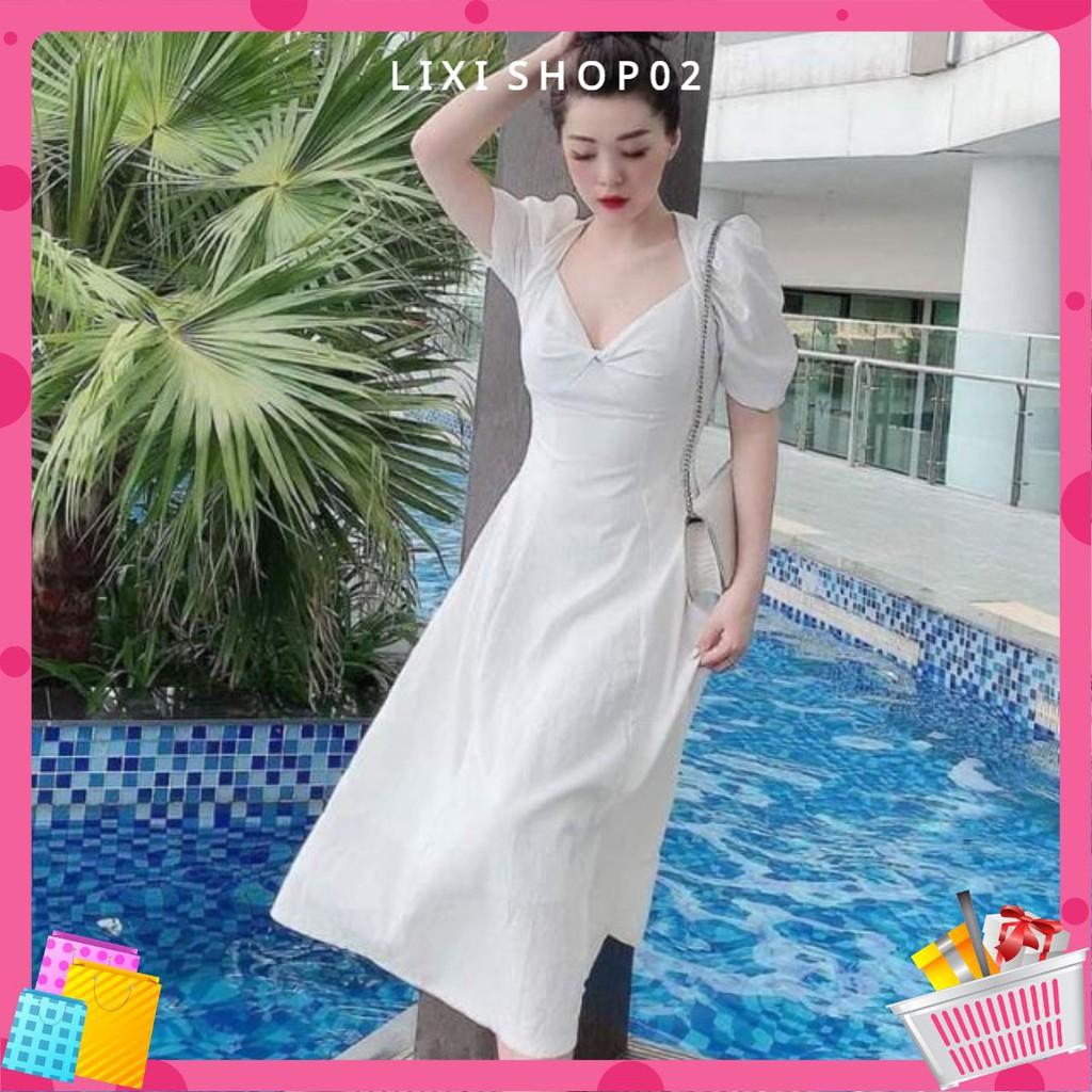 Đầm trắng maxi xoắn ngực xinh xắn, đầm nữ, váy nữ, đầm trắng dễ thương