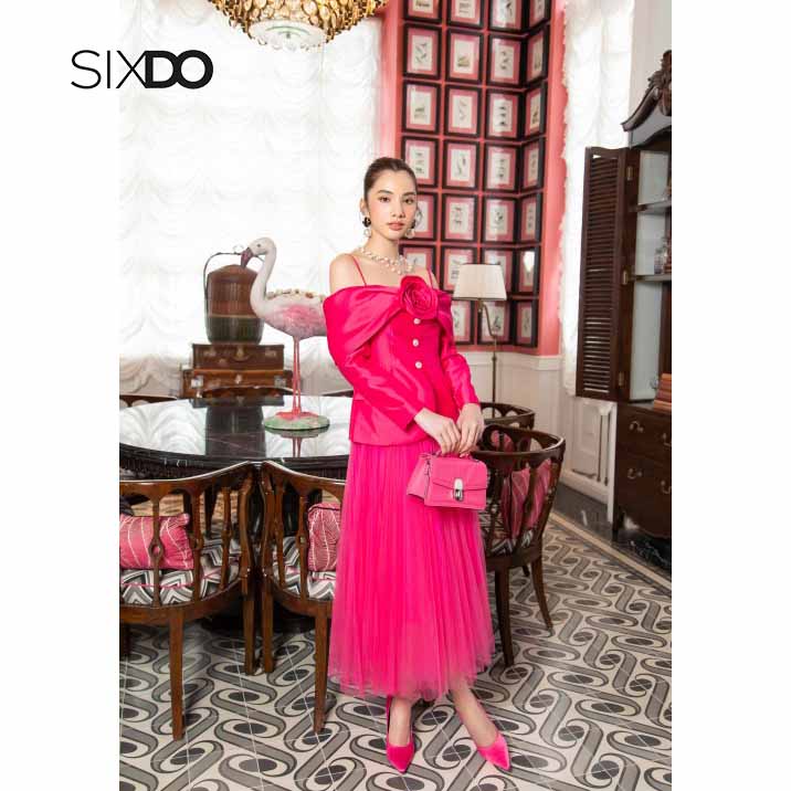 Áo taffta trễ vai phối hoa cúc ngọc sang trọng SIXDO