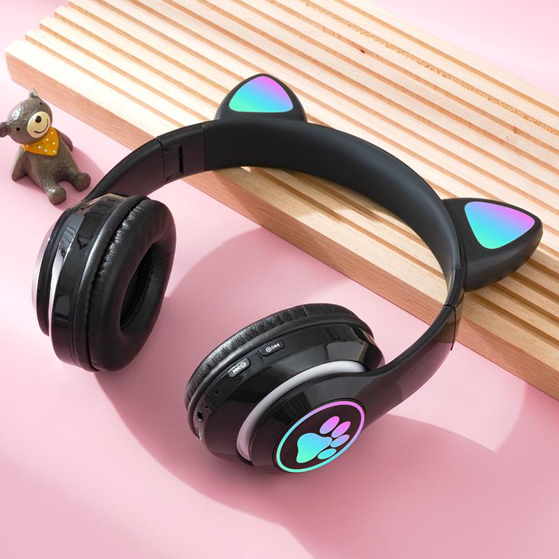 Đèn Flash LED Mèo Tai Tai Nghe Bluetooth Bé Gái Âm Nhạc Không Dây Bảo Hiểm Thẻ TF Tai Nghe Gaming Chụp Tai Kèm Mic Tai Nghe Điện Thoại quà Tặng