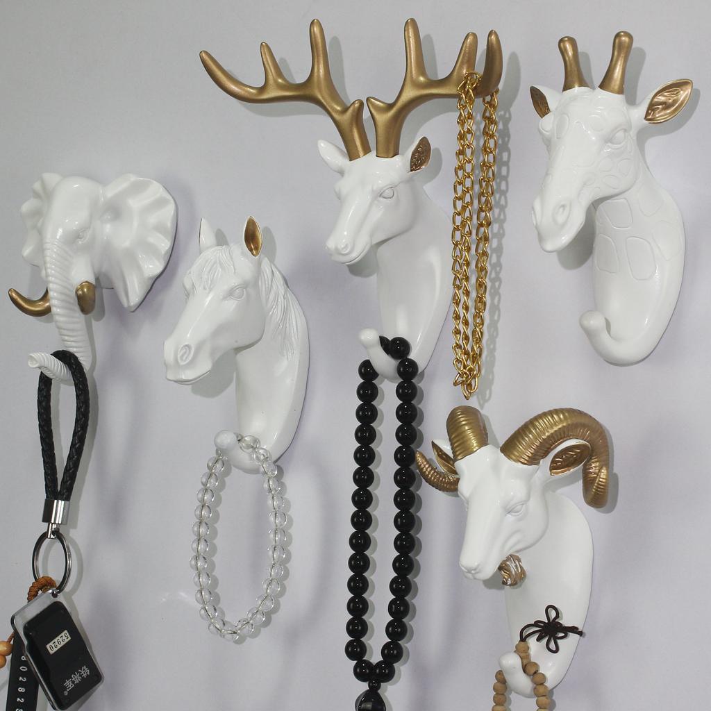 2Pcs Resin Animal Head Hook Hat Key Wall Hanger Black-Golden Decoration