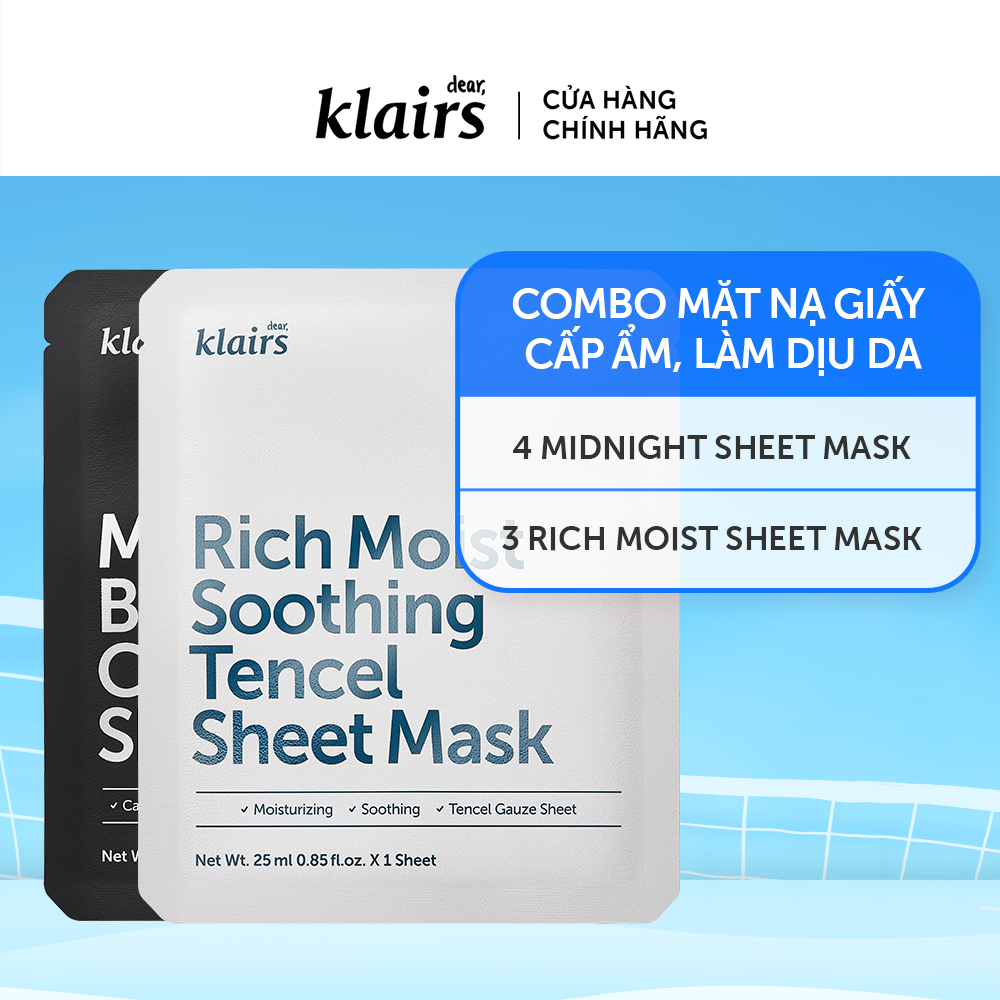 Combo 4 Dear, Klairs Mặt nạ giấy Midnight Blue Calming Sheet Mask 25ml+3 Rich Moist Soothing Tencel Sheet Mask 25ml