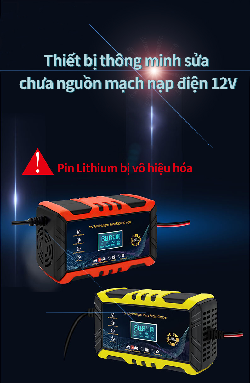 Sạc bình ắc quy ô tô xe máy 12V tự ngắt khi đầy chức năng bảo dưỡng phục hồi ắc quy bằng khử sunfat chống ngược cực,Màn hình hiển thị LCD