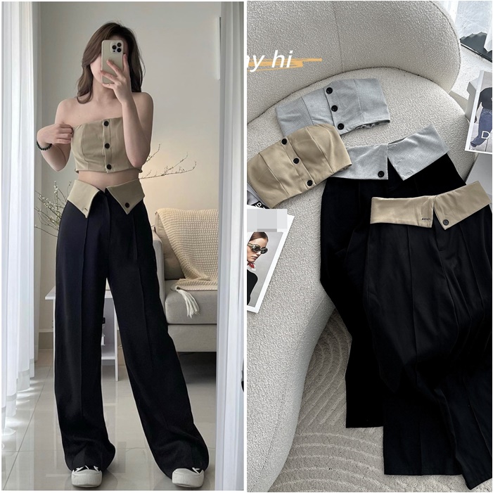 SET QUẦN ỐNG RỘNG LƯNG CAO SUÔNG ĐEN TRƠN DÀI + ÁO ỐNG CROPTOP NÚT CÚP NGỰC DẠO PHỐ ĐI BIỂN ĐI TIỆC