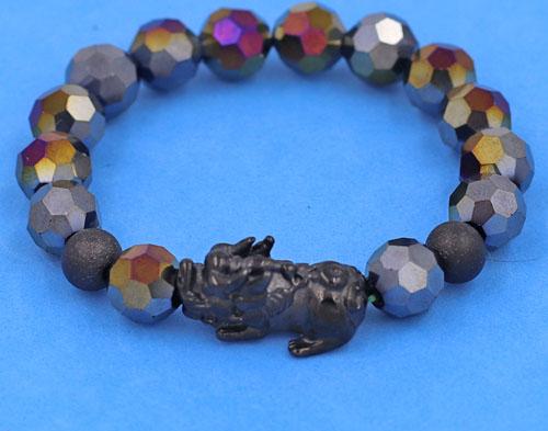 Chuỗi tay Pha Lê Xanh Đen cắt giác 10 ly Mix Tỳ Hưu inox 2 bi - Chuỗi tay thời trang phong thủy