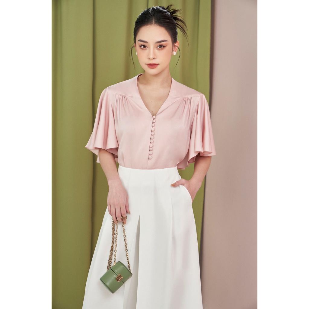 Áo Vivian lụa tay loa nút bọc quyến rũ nữ tính thiết kế cao cấp đi chơi đi tiệc gợi cảm