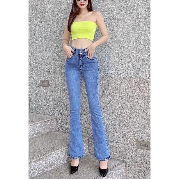 Quần Jeans Nữ Ống Loe Dài Lưng Cao Co Giãn Màu Xám