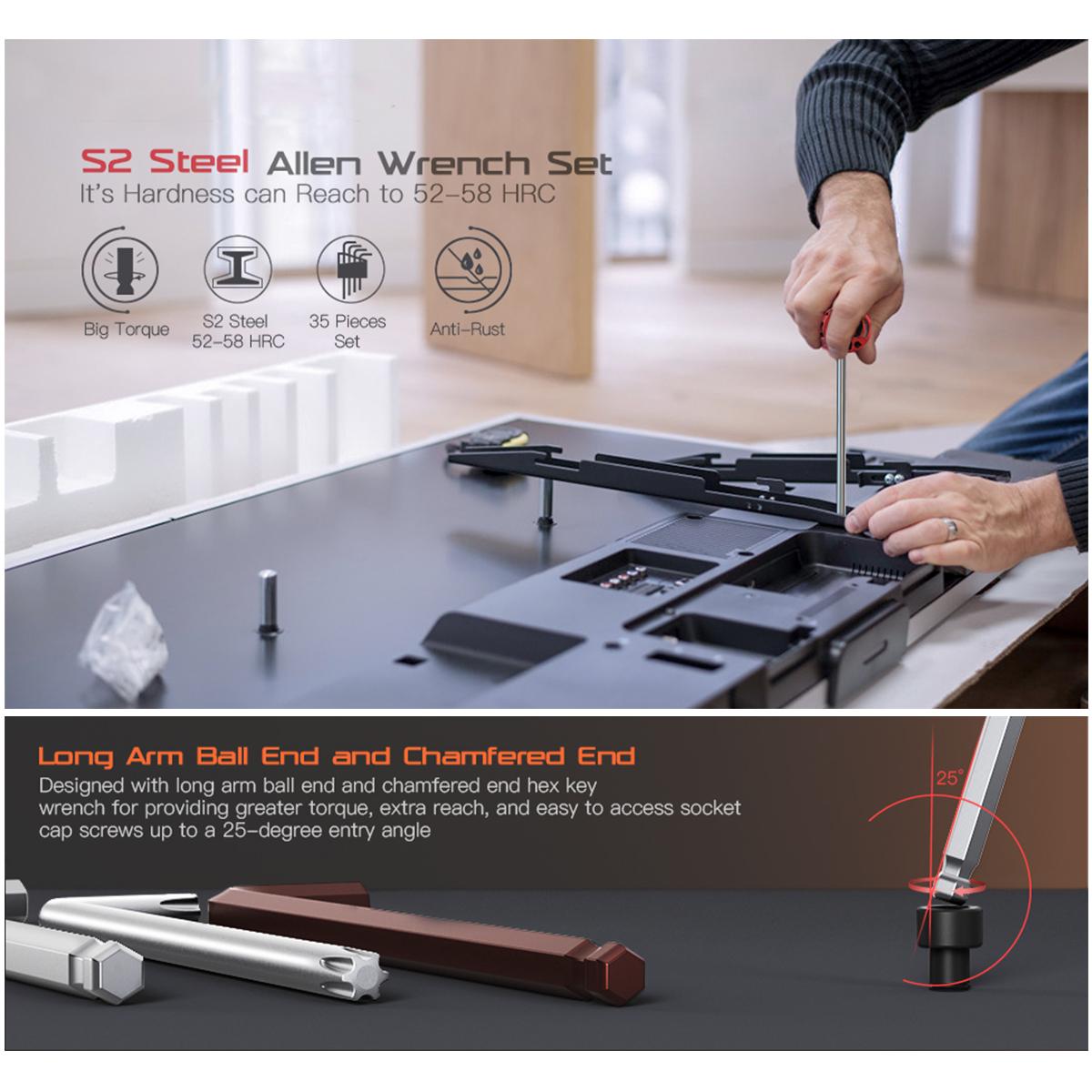 Allen Wrench Set 35 Piece Hex Key Set Metric Allen Key Set S2 Steel And CRV SAE 3/64-3/8 inch / MM 1.5-10mm / TORX T10-T50, Long Arm Ball End Allen Wrenches Sets Bonus Free Strength Helping T-Handle