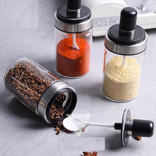 Hũ Đựng Gia Vị Để Bếp Cao Cấp Tiện Lợi Hr - Lọ Thủy Tinh - Hũ Thuỷ Tinh Đựng Gia Vị Nhà Bếp Kèm Muỗng Múc Mẫu Mới - Miễn Phí Vận Chuyển