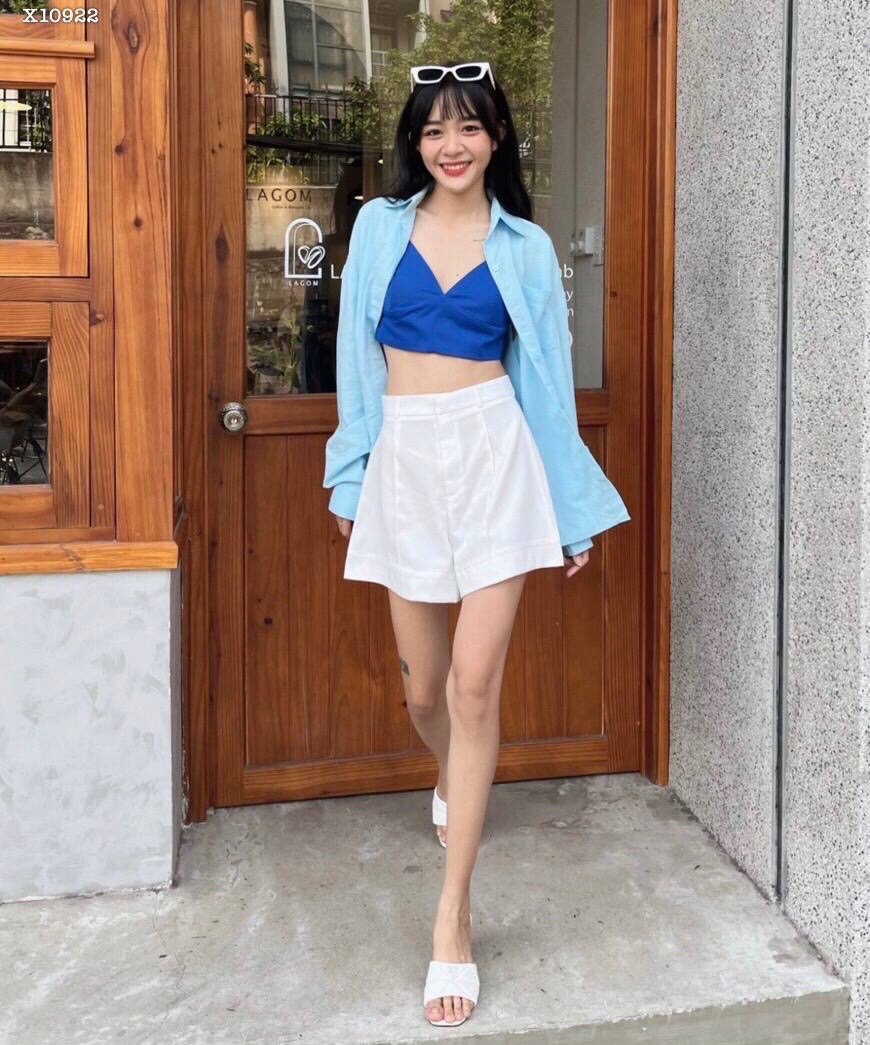 SET ÁO BRA CROPTOP DÂY XANH DƯƠNG + SƠ MI TAY DÀI PASTEL + QUẦN SHORTS NGẮN LƯNG CAO ỐNG RỘNG ĐI BIỂN