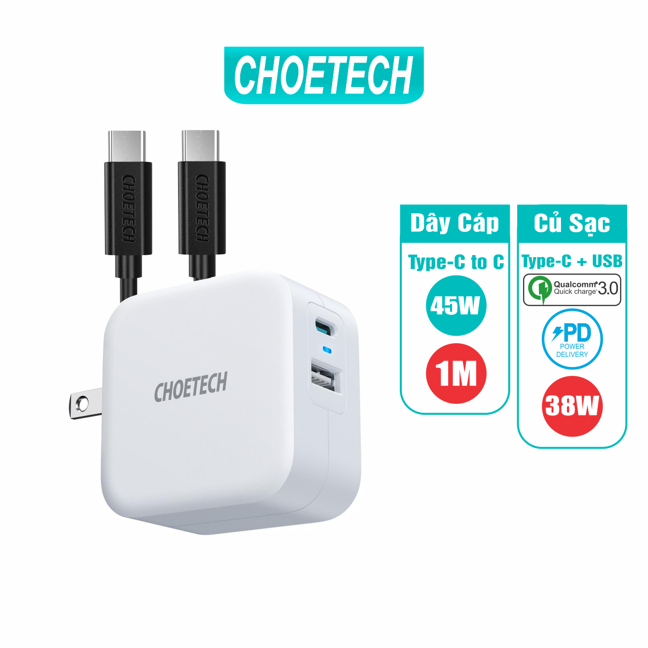 Bộ Củ Sạc CHOETECH QC 3.0 & PD 3.0 38W PD5002-W + Cáp Type C to C 1M 45W CC0002-V2 - Hàng Chính Hãng