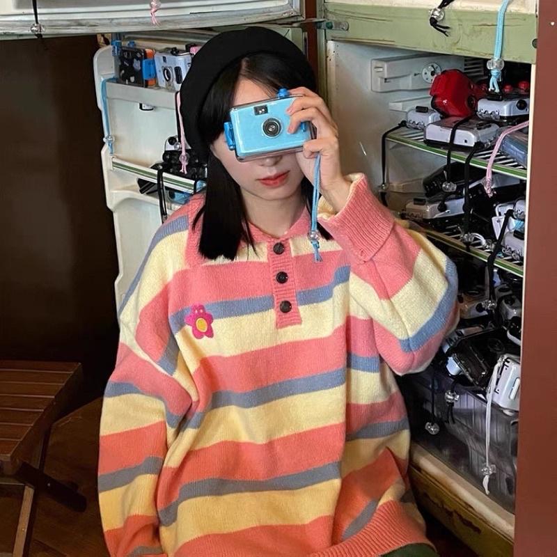 Áo Polo Len Form Rộng Nam Nữ Hoạ Tiết Sọc Thêu Bông Hoa Chất Len Đẹp Đanh Mịn Không Bai Nhão Thời Trang Ulzzang Hàn Quốc