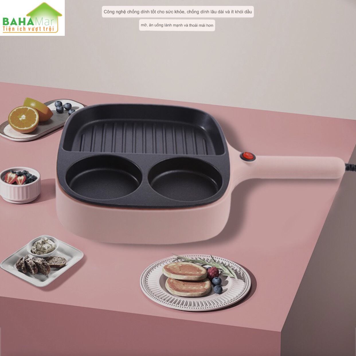 CHẢO ĐÁ ĐIỆN MINI CHỐNG DÍNH CHIA 3 NGĂN TIỆN SỬ DỤNG CHO BẾP "BAHAMAR" Chảo chia 3 ngăn, 2 ngăn tròn làm bánh, ngăn to dùng chiên, xào tiện lợi.