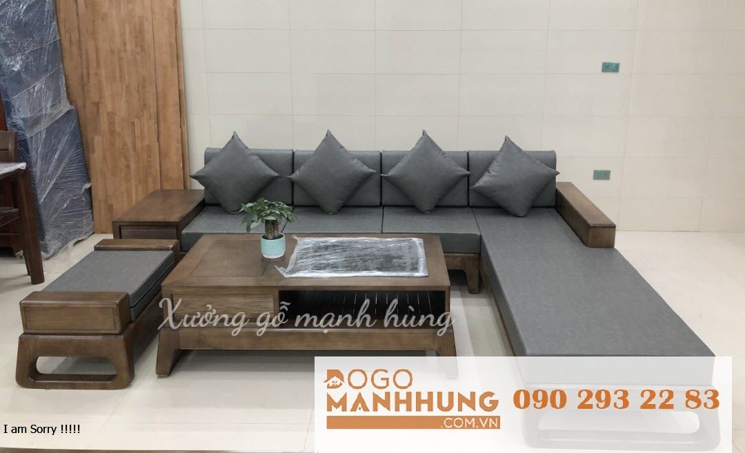 Bộ bàn ghế phòng khách sofa góc L gỗ sồi chân quỳ 2m80 x 2m