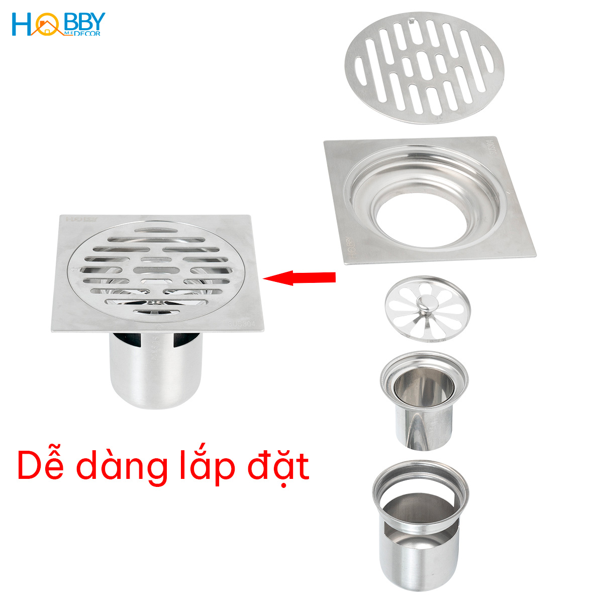 Phễu thoát sàn ngăn mùi hôi inox 304 size 12x12 Hobby home decor PTS1