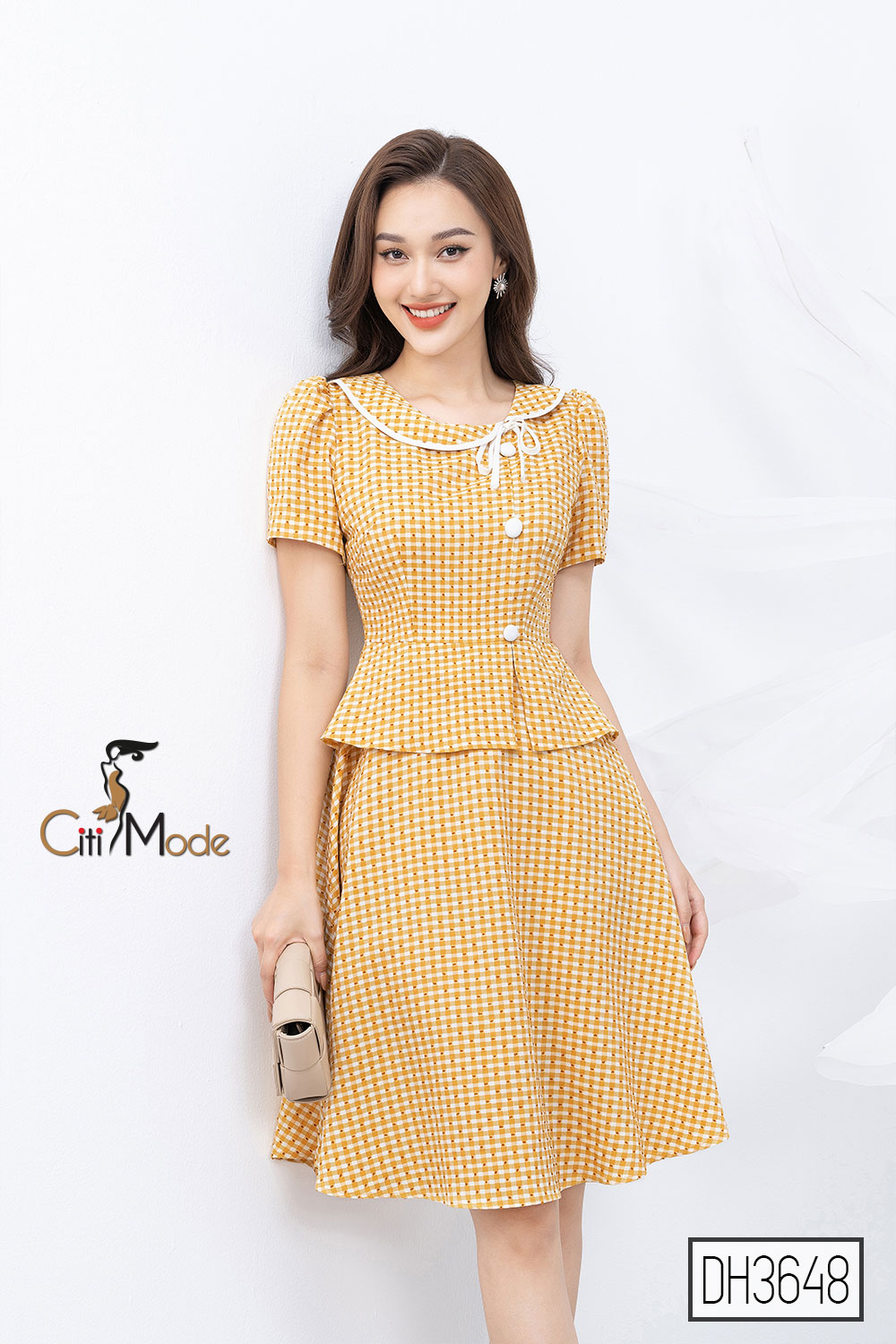 Đầm xòe peplum công sở vàng CITI MODE phối cúc lệch DH3648