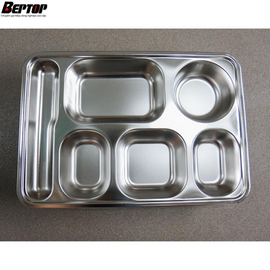 Khay Cơm 5 Ngăn Inox 201 Sâu Lòng Có Ngăn Để Đũa Kèm Nắp Nhựa