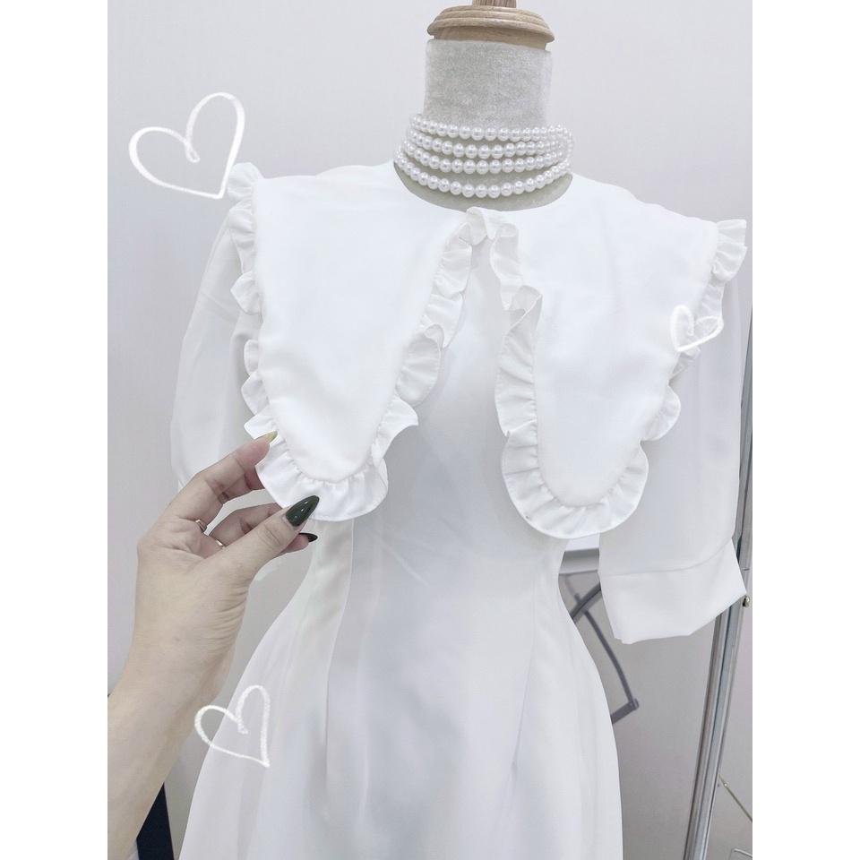 Váy đầm nữ dáng xòe màu trắng cổ sơ mi phối bèo dễ thương
