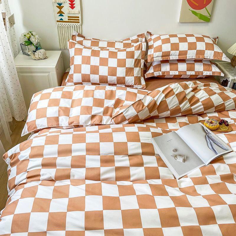 Bộ chăn ga gối Cotton poly M2T Bedding, vỏ chăn mền, drap ga giường và 2 vỏ gối nằm - PL Bàn cờ vua cam nâu