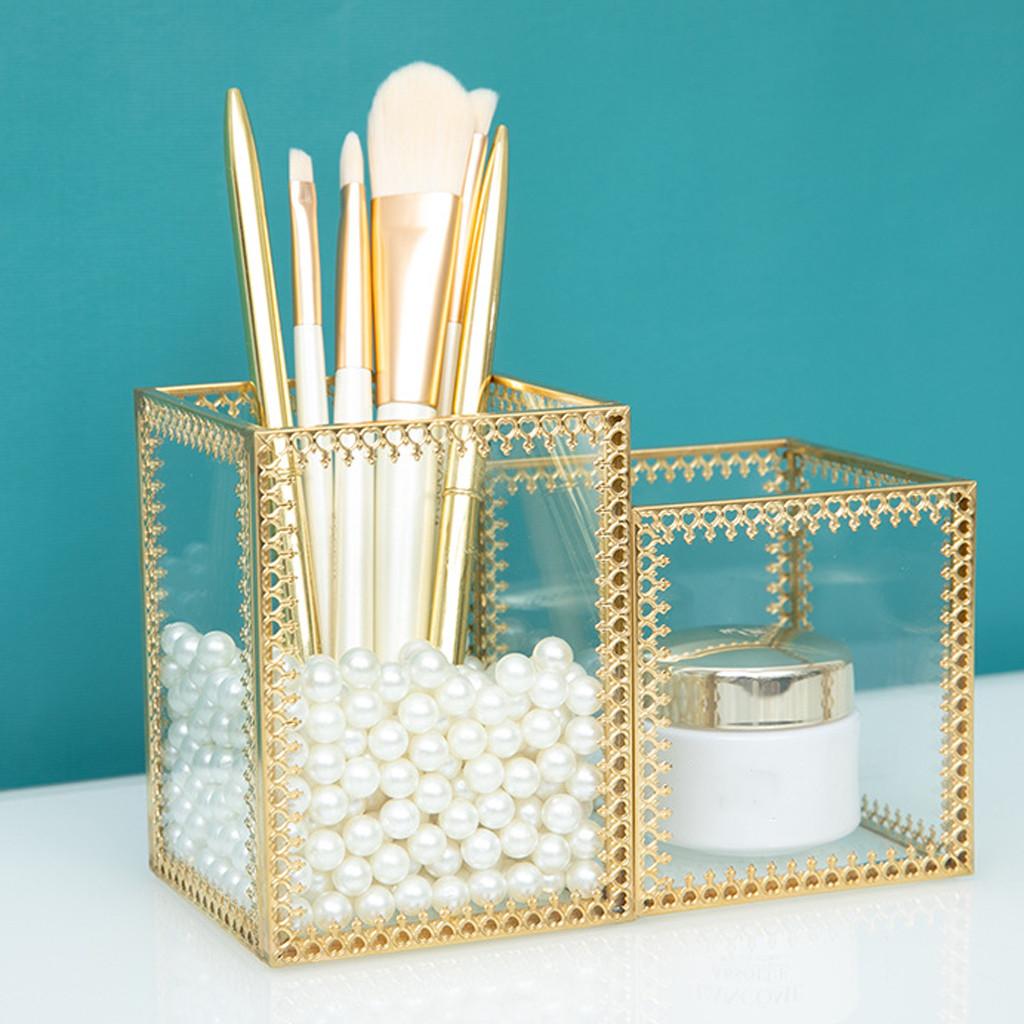 Clear Glass Makeup Brush Holder Organizer Storage Case Box 2 Slot