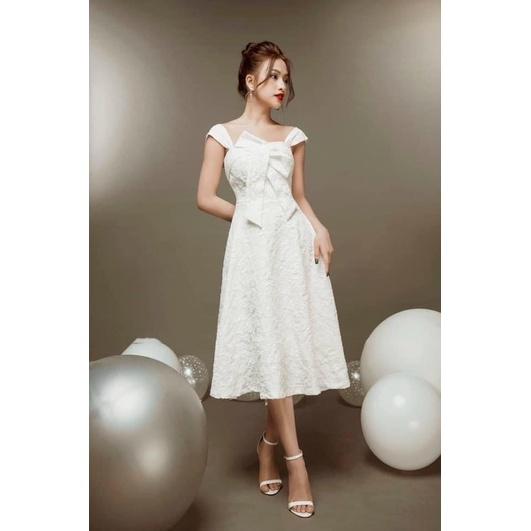 Đầm dự tiệc gấm dập 2 dây bản nơ