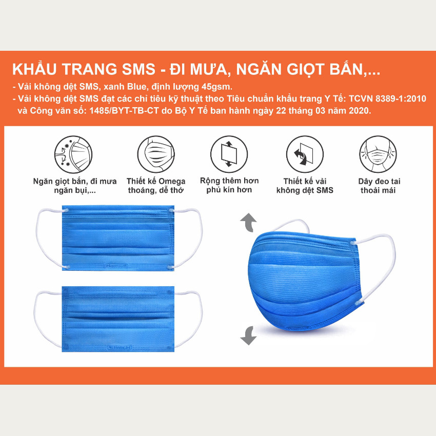 Khẩu trang SMS đi mưa HAMITA Hộp 50 cái - 1 lớp vải tích hợp - ĐI MƯA, NGĂN GIỌT BẮN, hạn chế lem son môi, rộng hơn/phủ kín hơn, quai đeo thoải mái