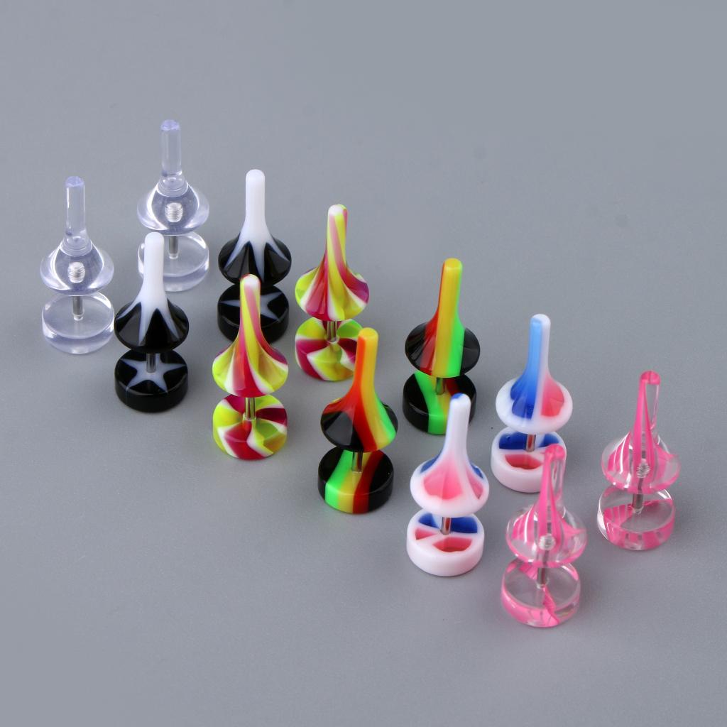 6 Pairs Acrylic Ear Earrings Flesh Tunnel Stainless Steel Fake Plugs 16g