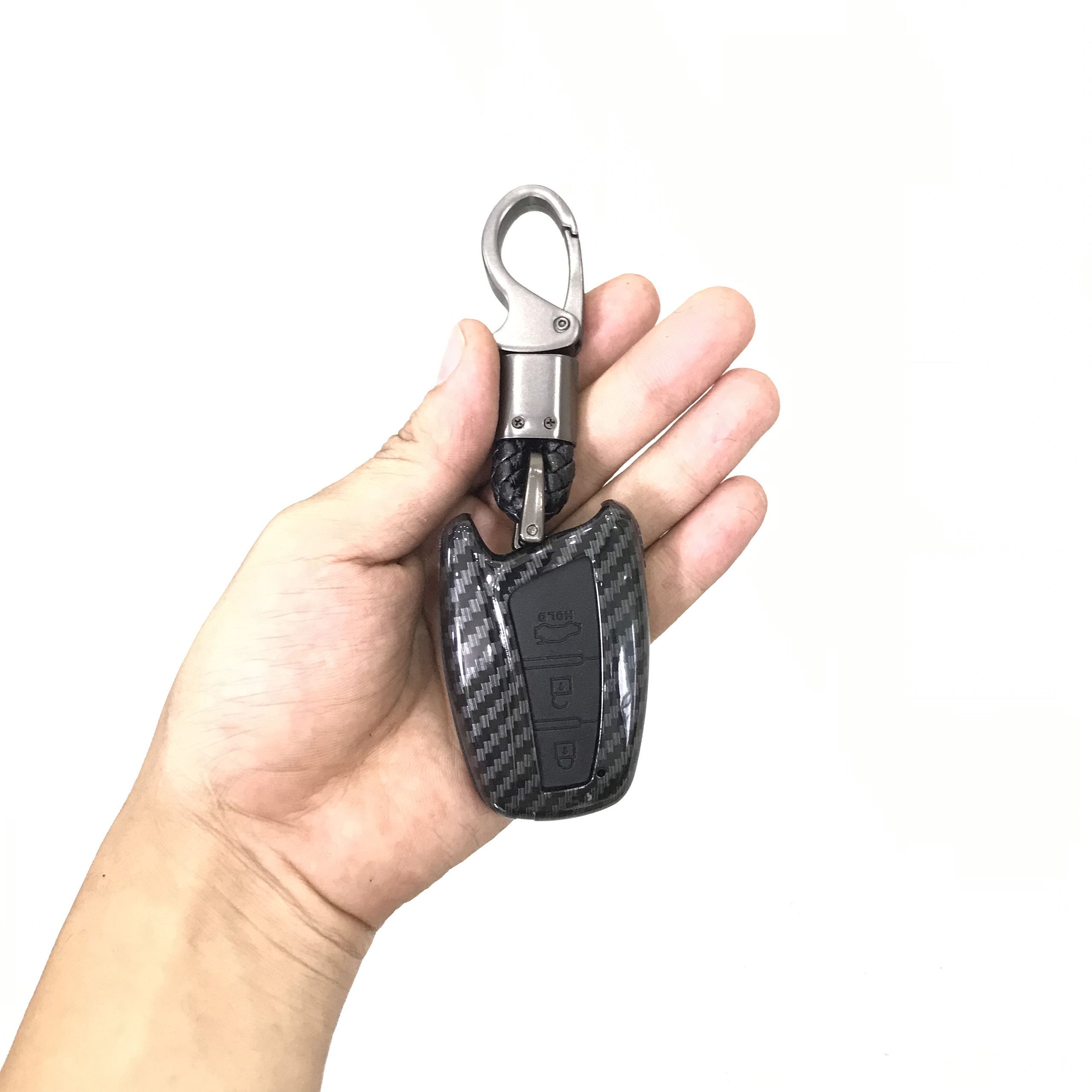 Ốp nhựa carbon lót silicon bảo vệ chìa khóa xe Hyundai Santafe 2014-2018 kèm móc đeo INOX