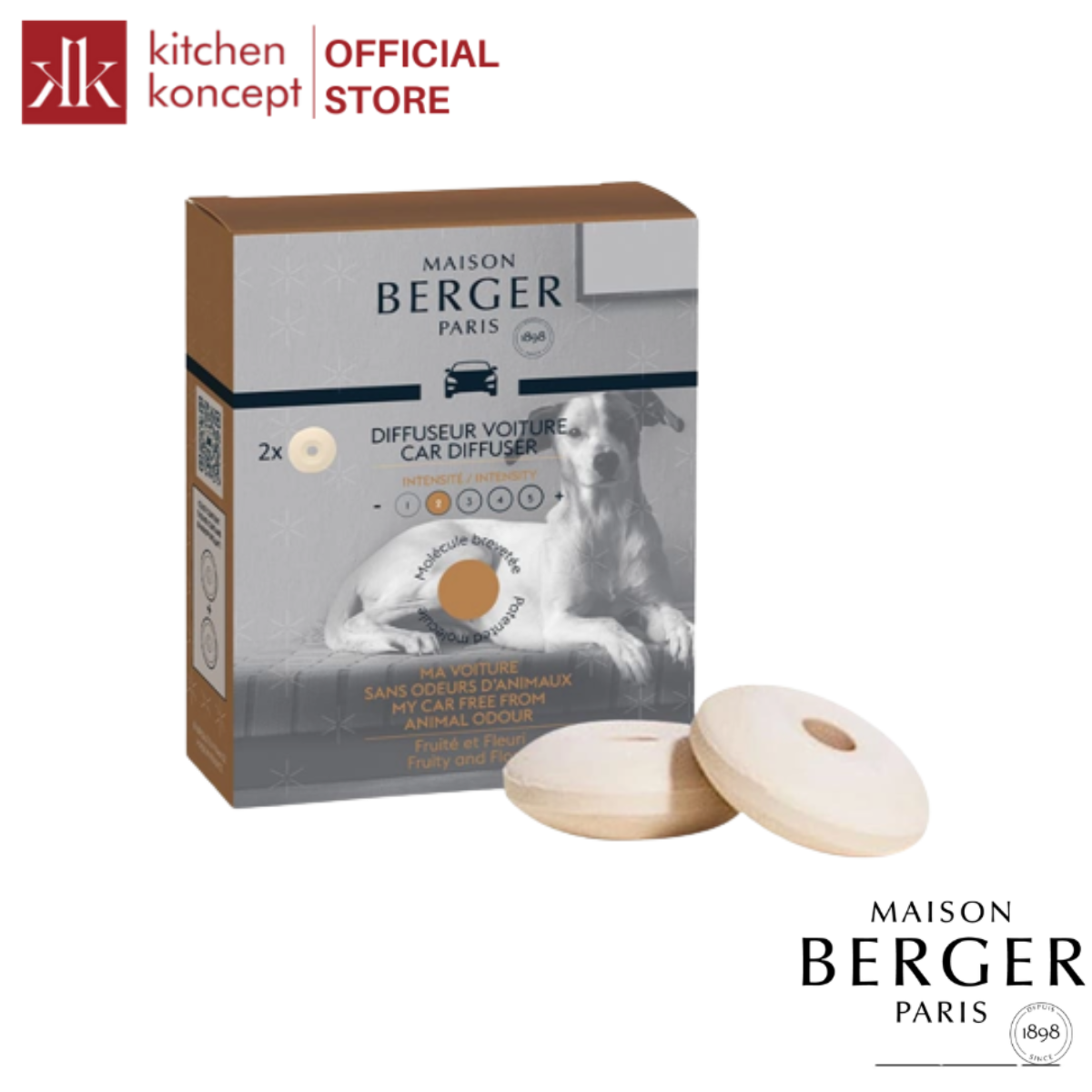 Maison Berger - Bộ tinh dầu xe hơi, khử mùi thú cưng hương Fruity &amp; Floral - 2 cái