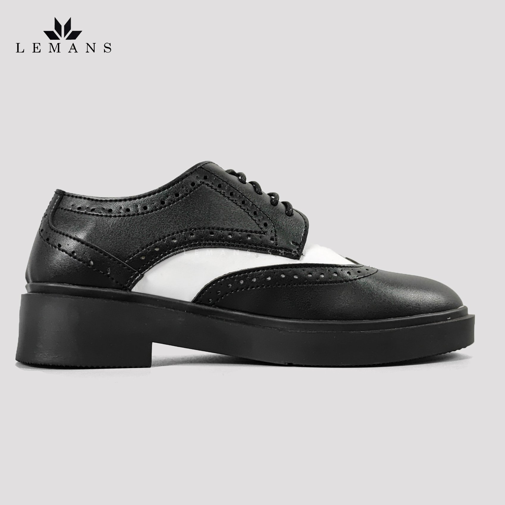 [TẶNG XI TRẮNG] Giày Derby Wingtip Black White LEMANS, Da bò đế Lemans tăng cao 4cm Bảo hành 12-24 tháng