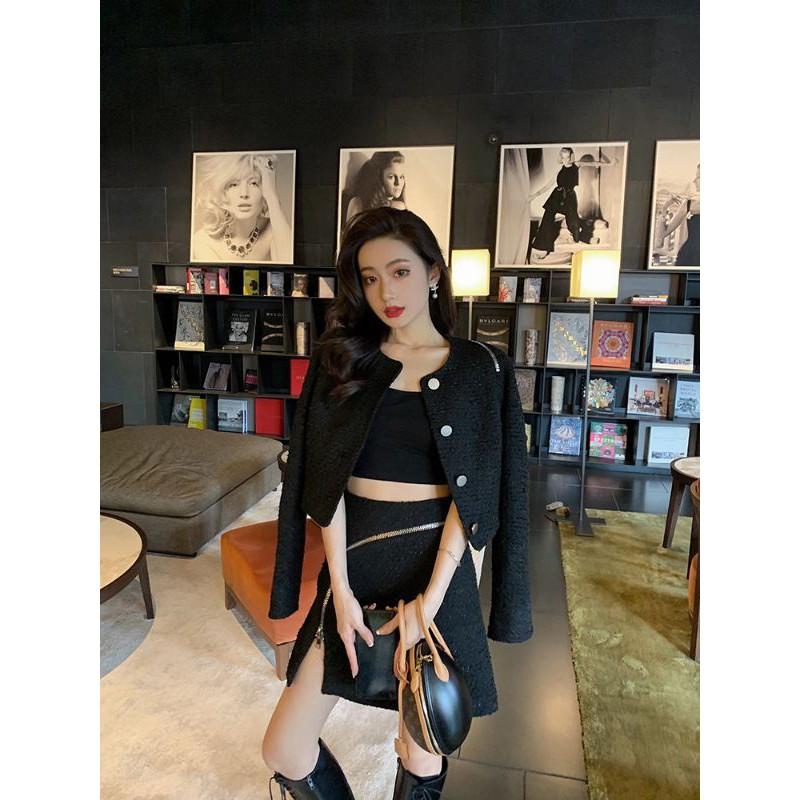 Set dạ tweed đen kéo khóa