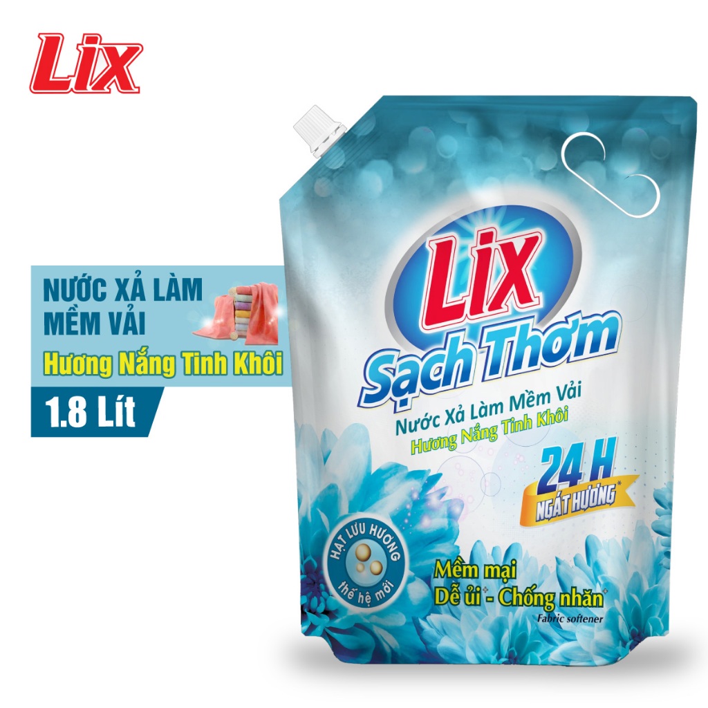 COMBO 2 chai nước xả vải Lix sạch thơm hương nắng tinh khôi (2 túi x 1.8 lít) L17801
