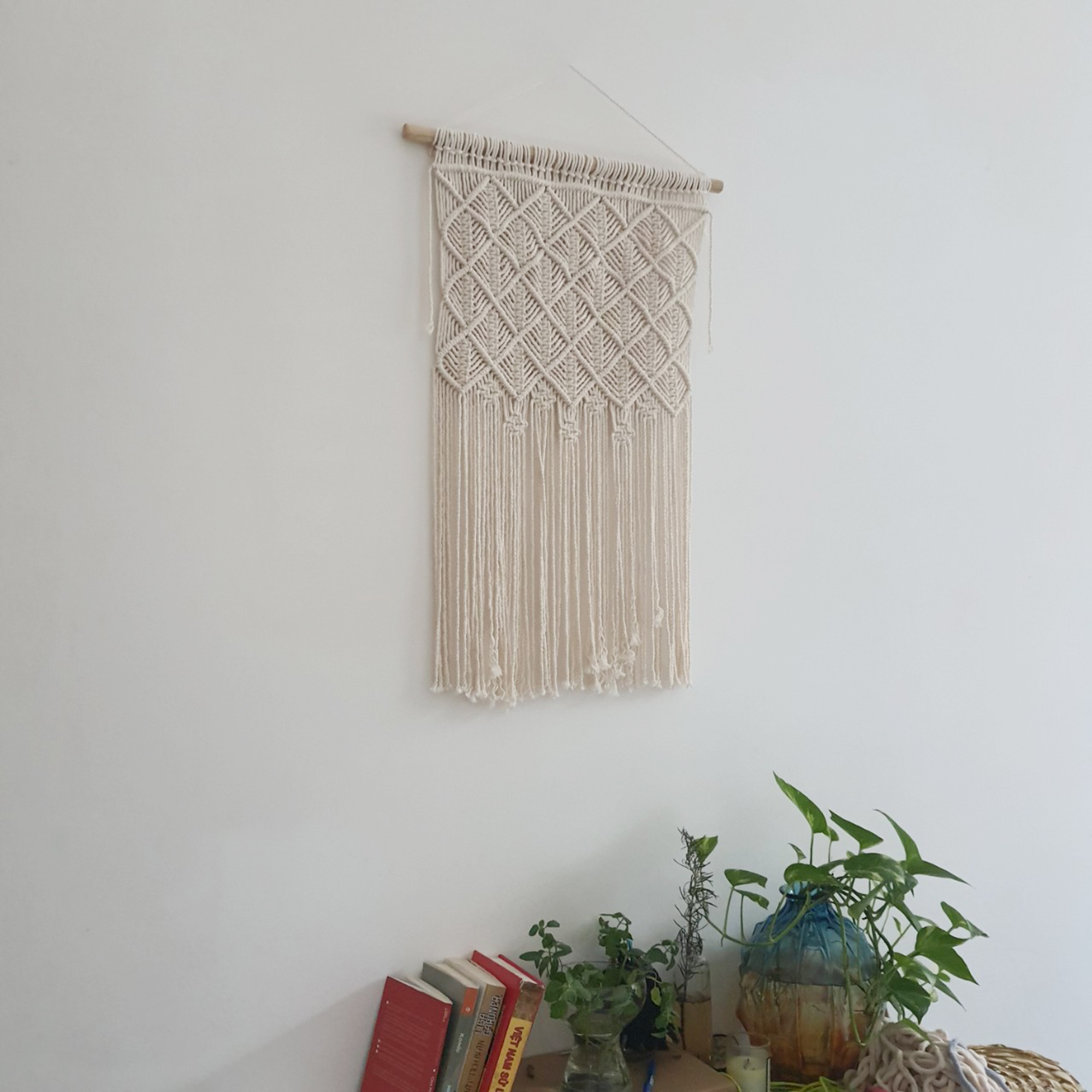 Rèm macrame trang trí tường, Rèm màu trắng, bohemien macrame