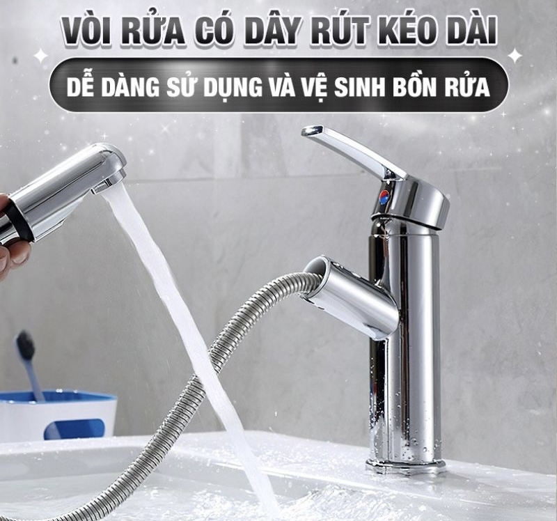 Vòi Lavabo mỏ rút nóng lạnh cao cấp màu bạc