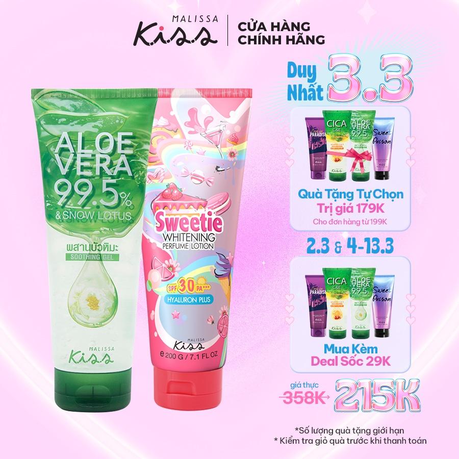 Bộ đôi Dưỡng Ẩm Chống Nắng Hương Nước Hoa Malissa Kiss SPF30 Pa+++ Sweetie và Gel Aloe Vera 99.5% Nha đam, sen tuyết