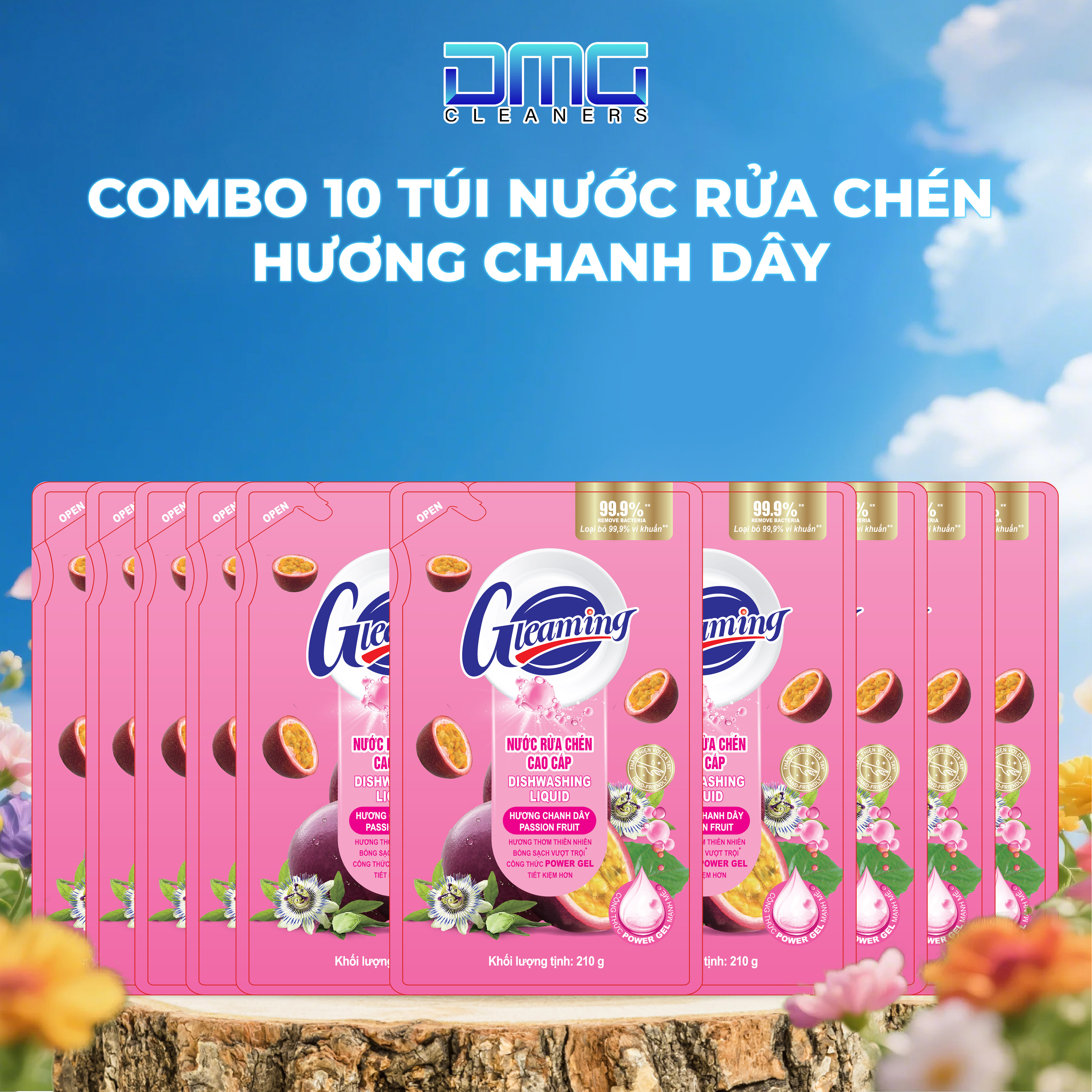 Combo 10 Túi Nước Rửa Chén Gleaming Hương Chanh Đào 200ml/Túi