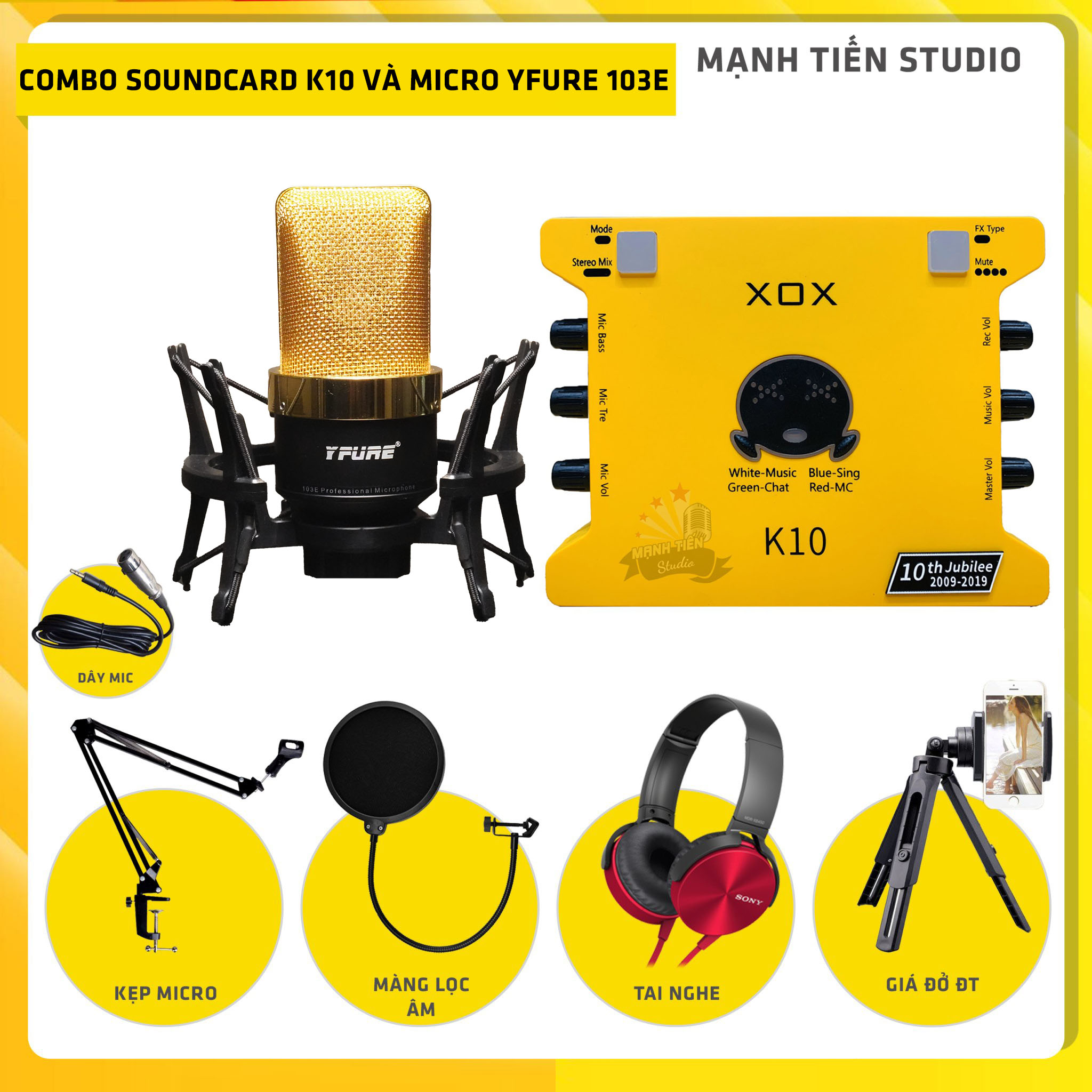 Combo thu âm, livestream Micro YFURE 103E, Sound card XOX K10 Jubilee - Kèm full phụ kiện kẹp micro, màng lọc, tai nghe, giá đỡ ĐT - Hỗ trợ thu âm, karaoke online chuyên nghiệp - Hàng nhập khẩu