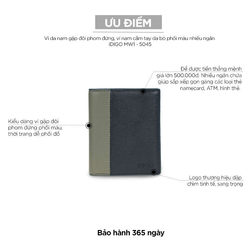 Ví da nam gập đôi phom đứng phối màu nhiều ngăn IDIGO MW1-5045