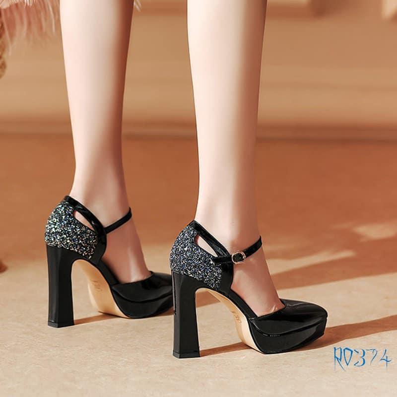 Giày sandal nữ cao gót 9 phân hàng hiệu rosata đẹp hai màu đen da ro374
