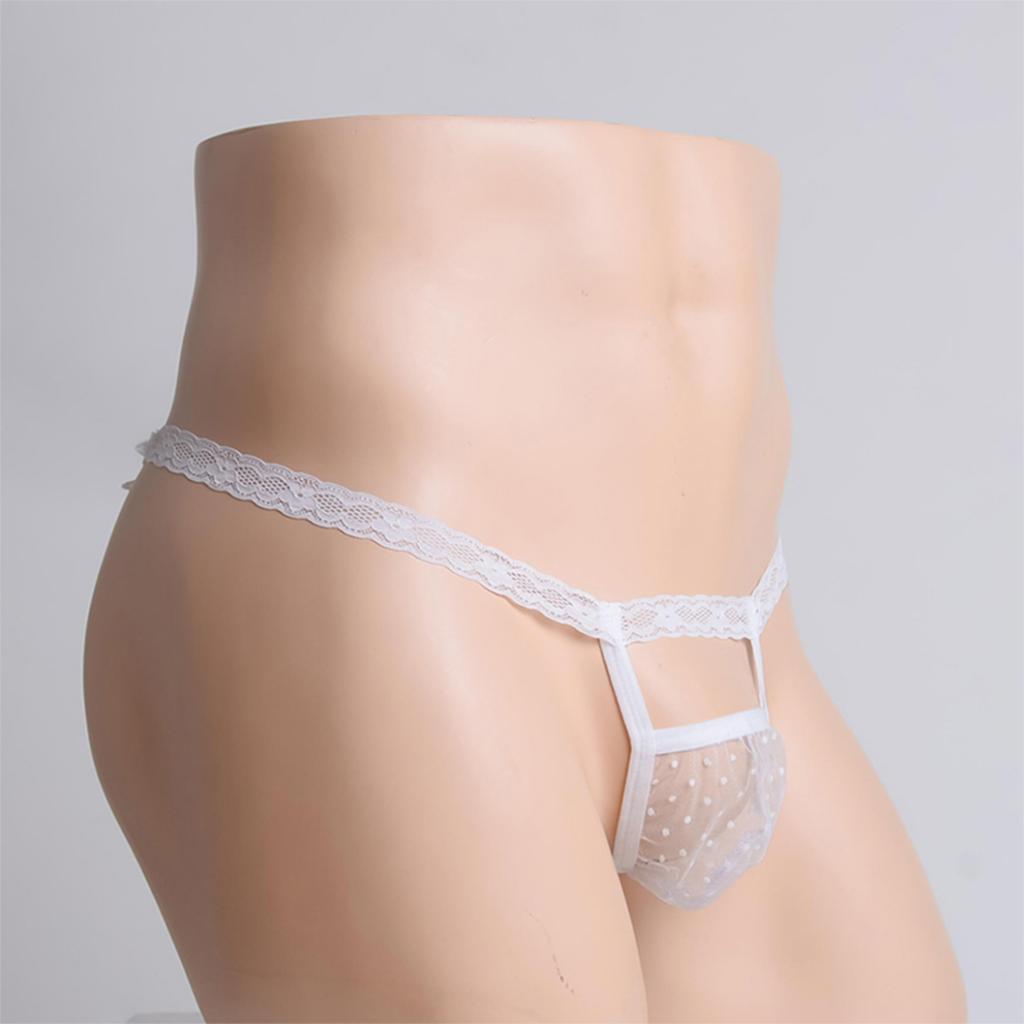 Men Sheer Mesh Lace Bulge Pouch T-back Thong Brief G-string Underwear White