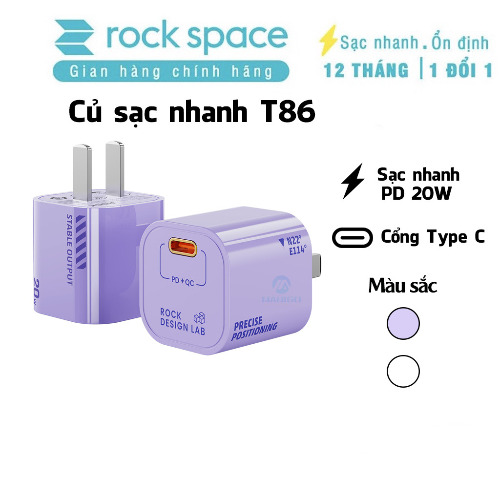 Củ sạc nhanh ip chuẩn PD 20W Rockspace T86 ổn định không nóng hàng chính hãng bảo hành 12 tháng bảo hành 1 đổi 1