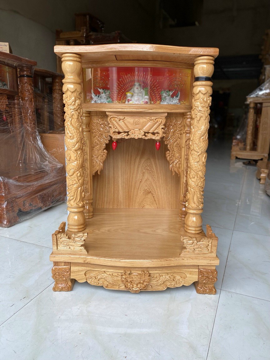 Bàn thờ thần tài ông địa có hộp đèn gỗ gõ ngang 60 X 88 cột 8 cm ,bàn thờ gỗ cao cấp ( FREESIP HCM 50 KM )